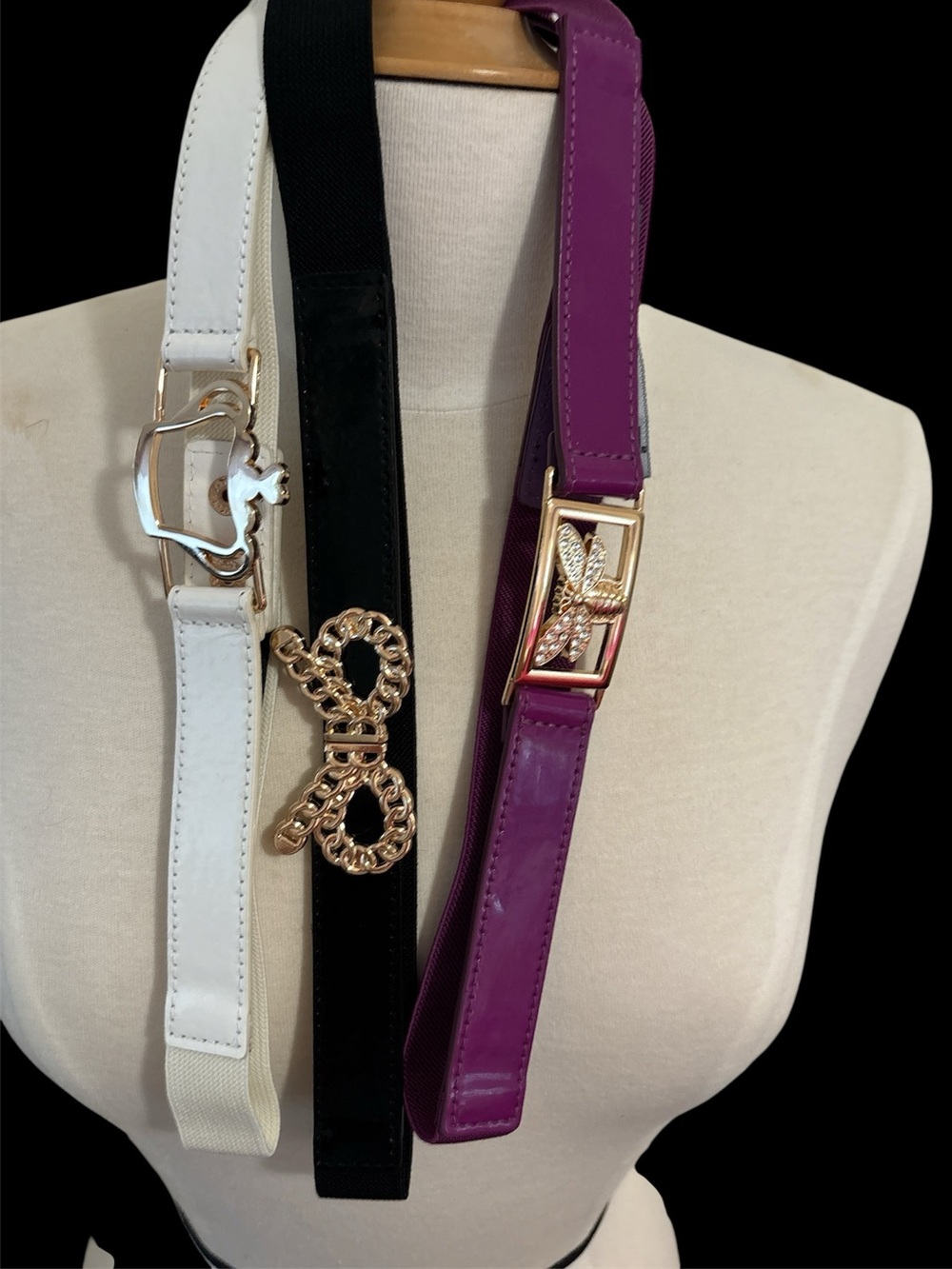 Antthony Women’s Trio Belt Set in Purple, Black & White with Gold Hardware
